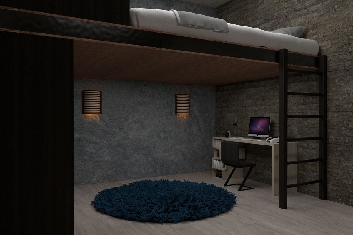 Espace bureau aménagé sous un lit mezzanine 2 places de petite chambre adulte