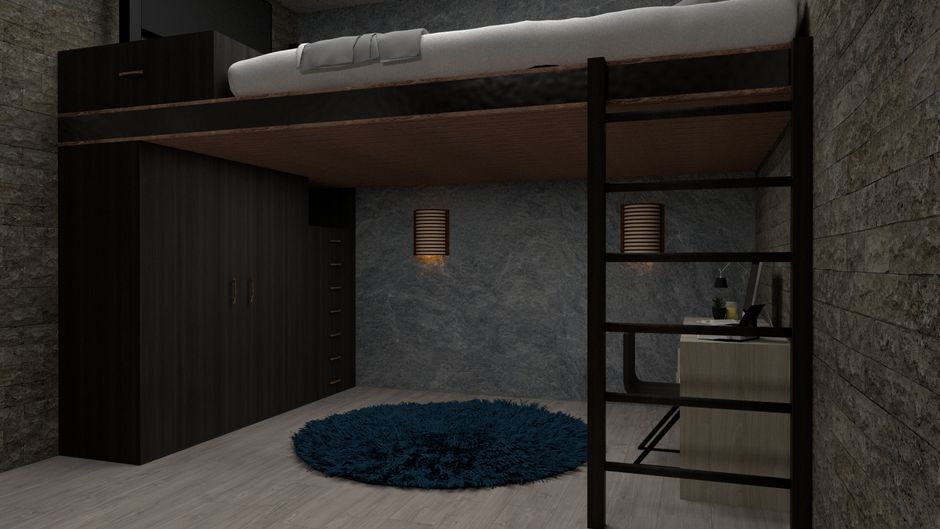 Petite chambre de 7 m² avec lit surélevé et bureau dessous